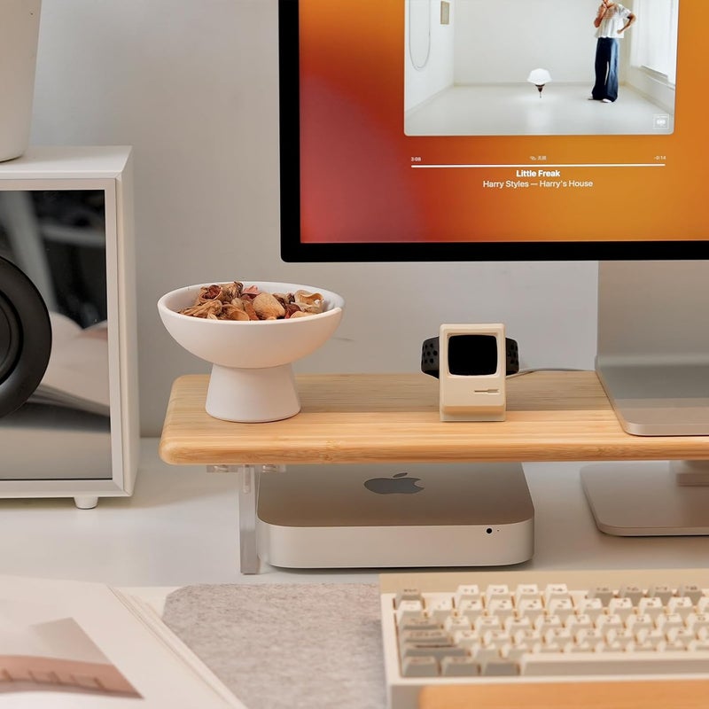 ROCDEER Bamboo Monitor Stand Riser with Acrylic Legs for Desk, 31.5 Inches Desktop Shelf Supports for PC Computer Monitor, Laptops, Printer, Speakers (Natural) - Image 3